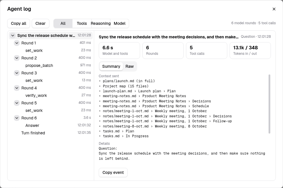 The Agent log window: a tree of one turn with its six model rounds and the tool calls set_work, propose_batch, and verify_work on the left, and the details of the selected step on the right