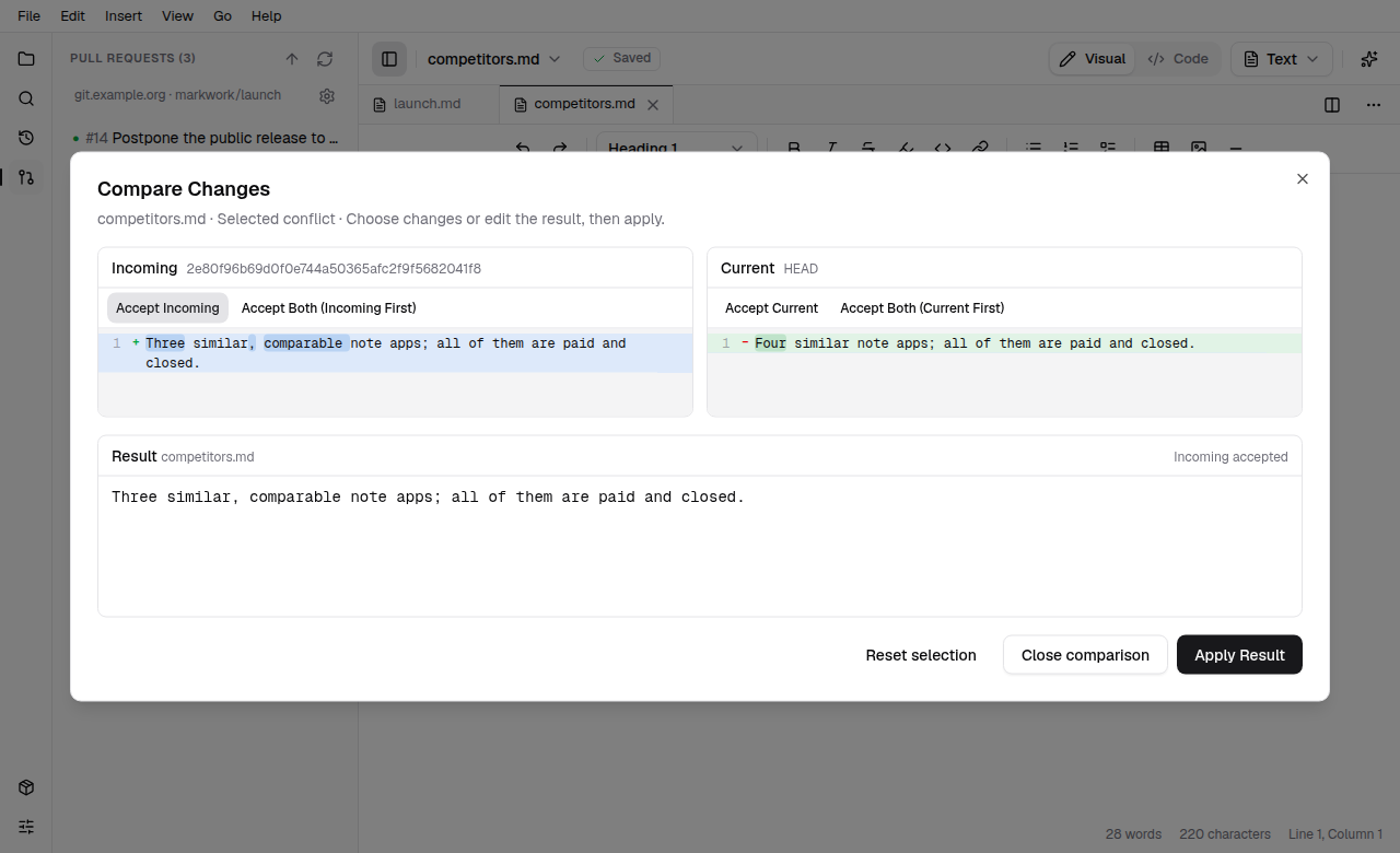 Three-pane conflict merge dialog: Incoming left, Current right, and an editable Result below