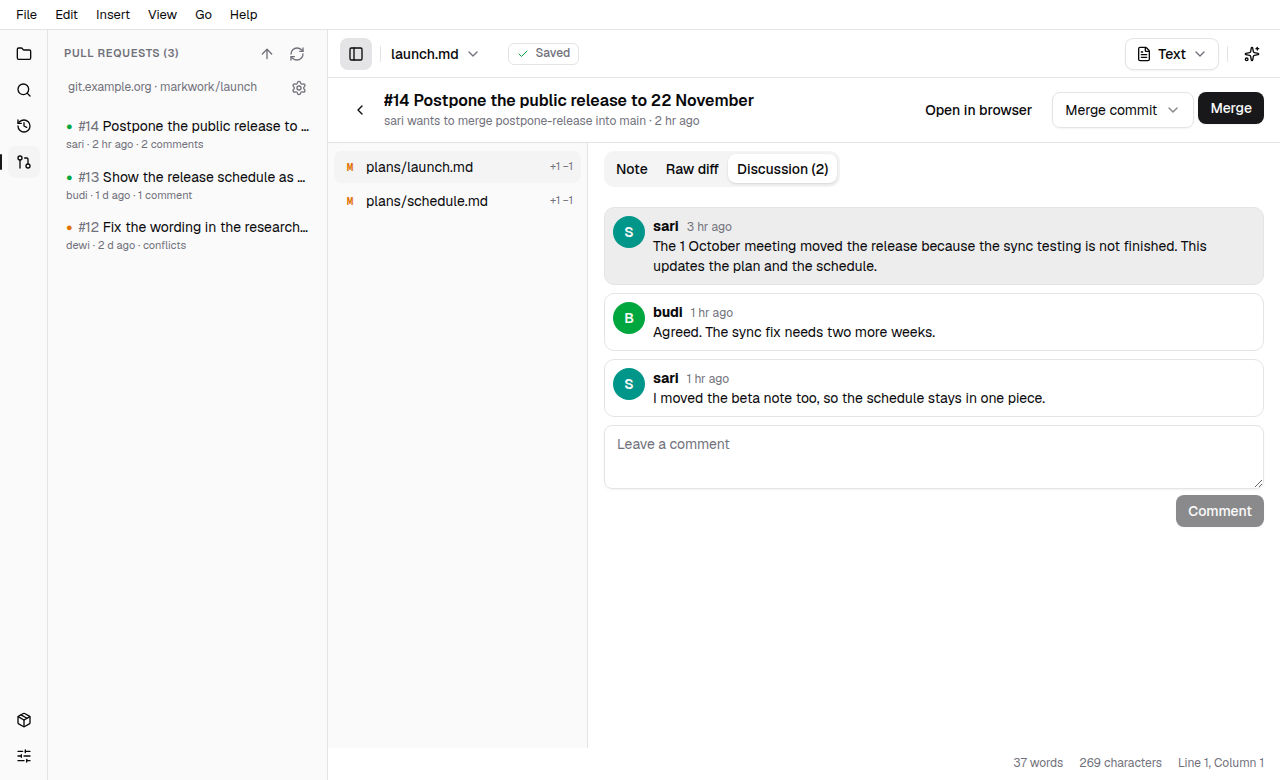 The Discussion tab with the description of a pull request and two comments