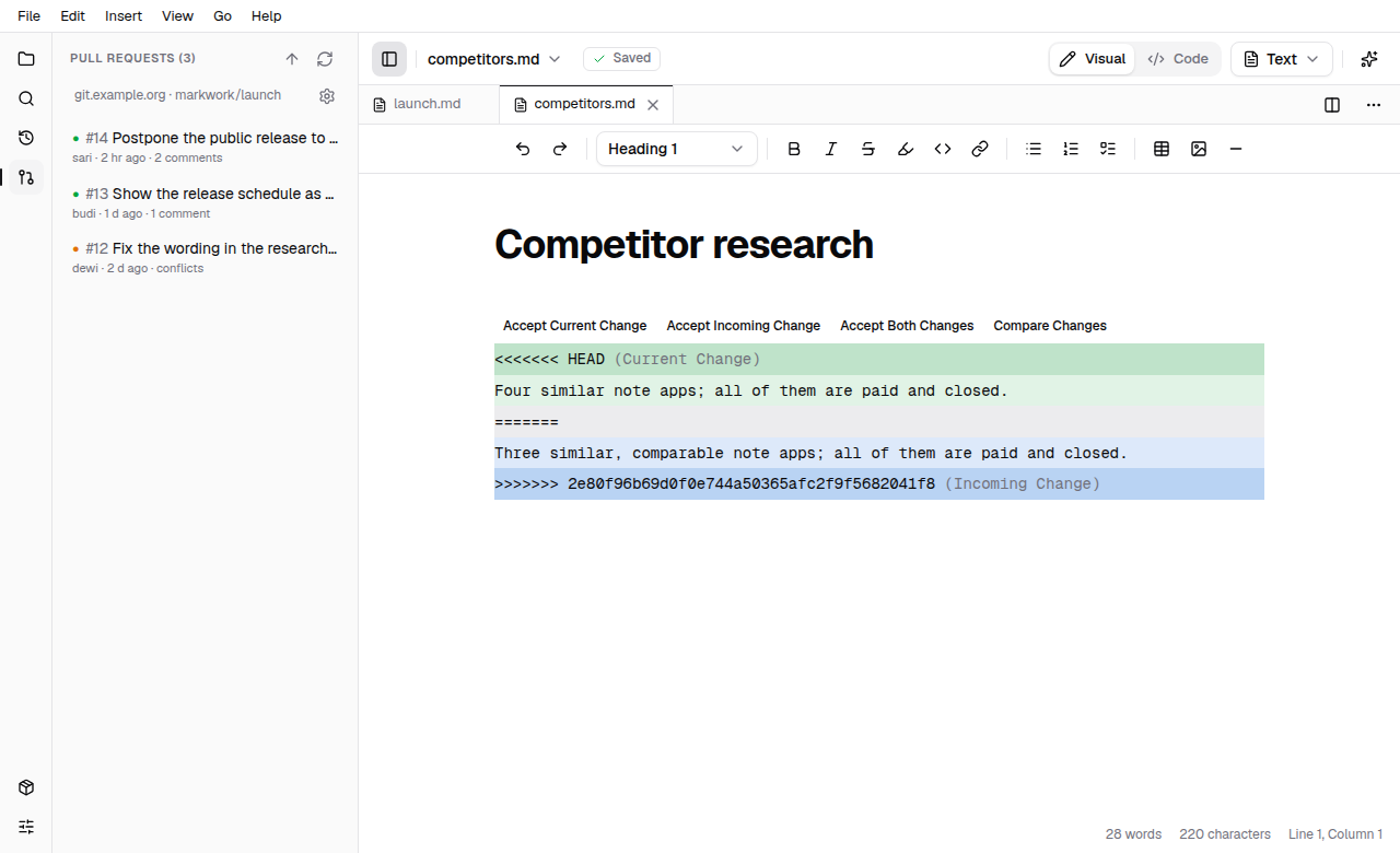 A file with git's conflict markers open in source mode next to the pull requests tab