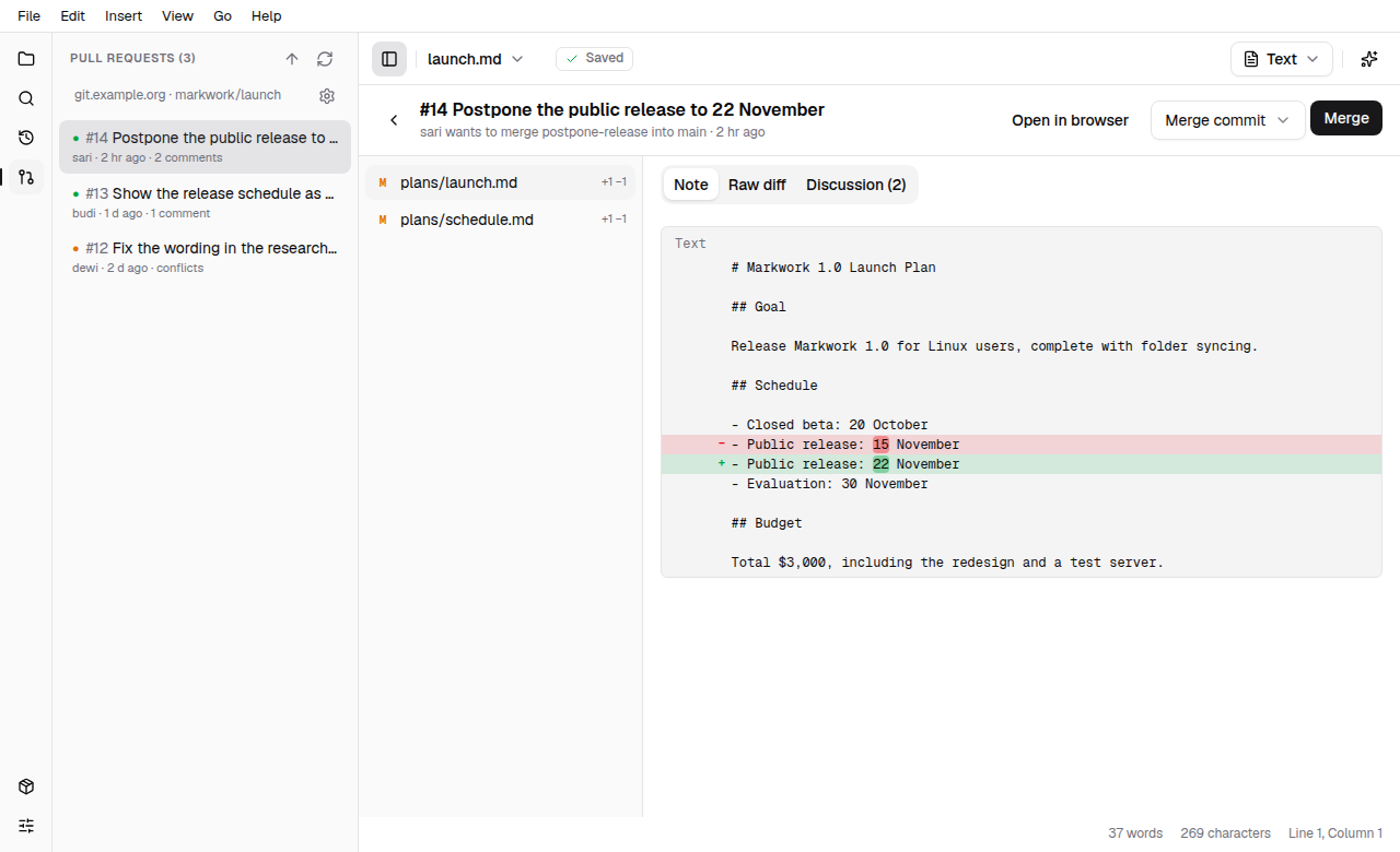 The pull requests tab with three pull requests, and the review page of one of them showing the change to a launch plan as a note