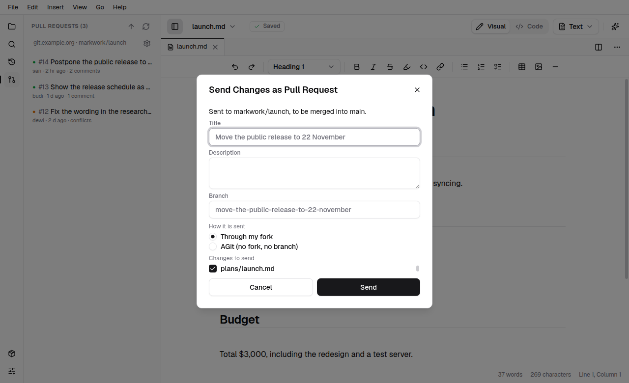 The dialog to send changes as a pull request, with a title, a description, a branch, how it is sent, and the changed files