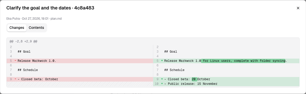 The diff window of a commit with colored added and removed lines