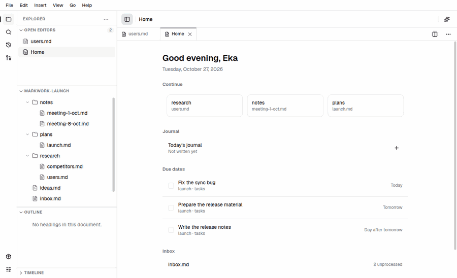 Animation of the Home tab: continue cards, the journal, due dates, and a task being checked off