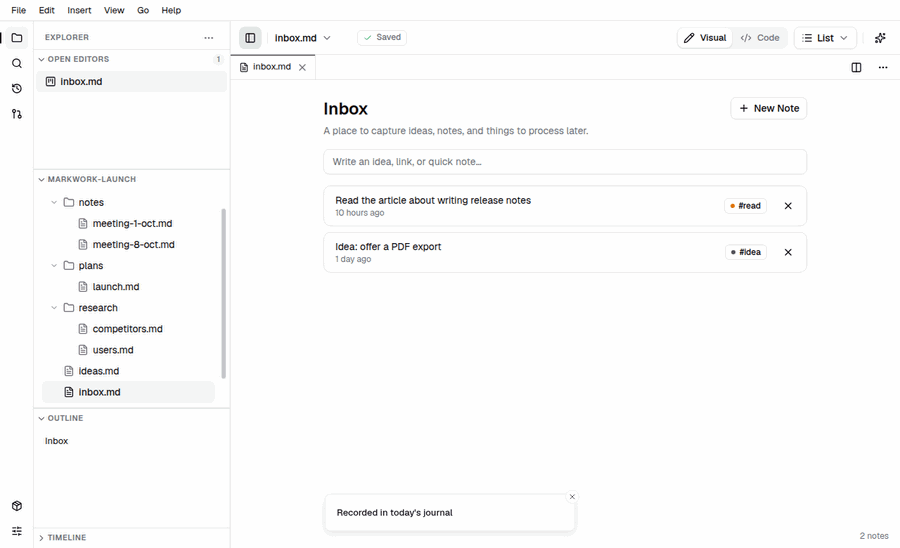 Animation of quick capture in the inbox: notes with tags are added at the top