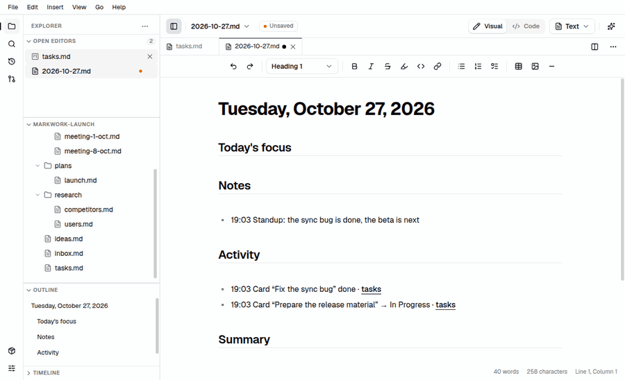Animation of the daily journal made from the activity of the day, then a quick note added