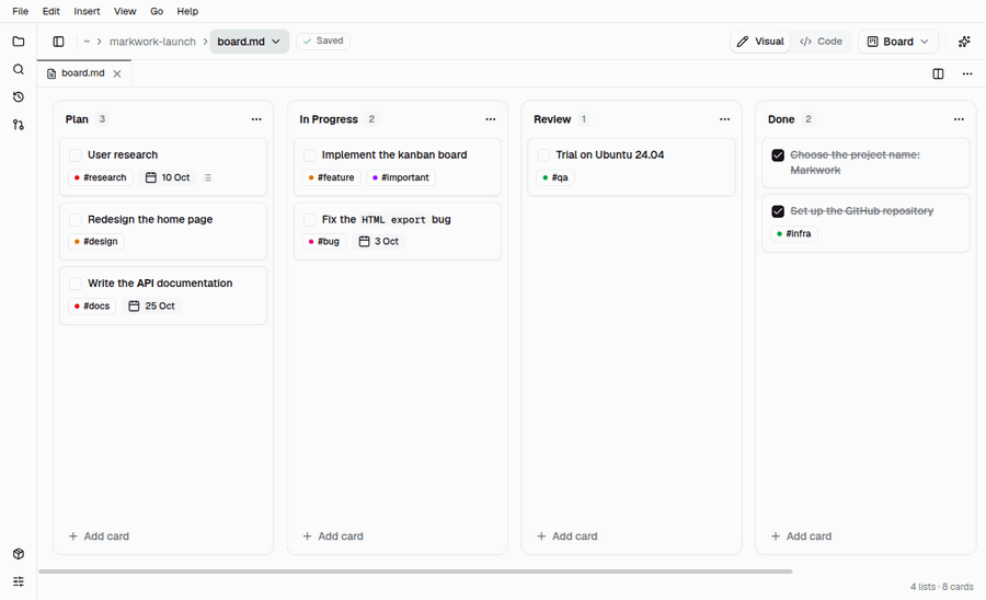 Animation of kanban cards moving between the Plan, In Progress, Review, and Done lists