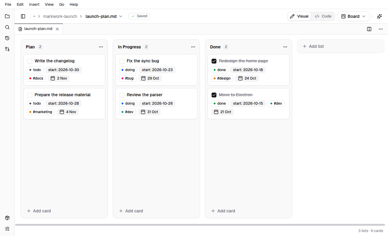 The same notes as a kanban board with the Plan, In Progress, and Done lists