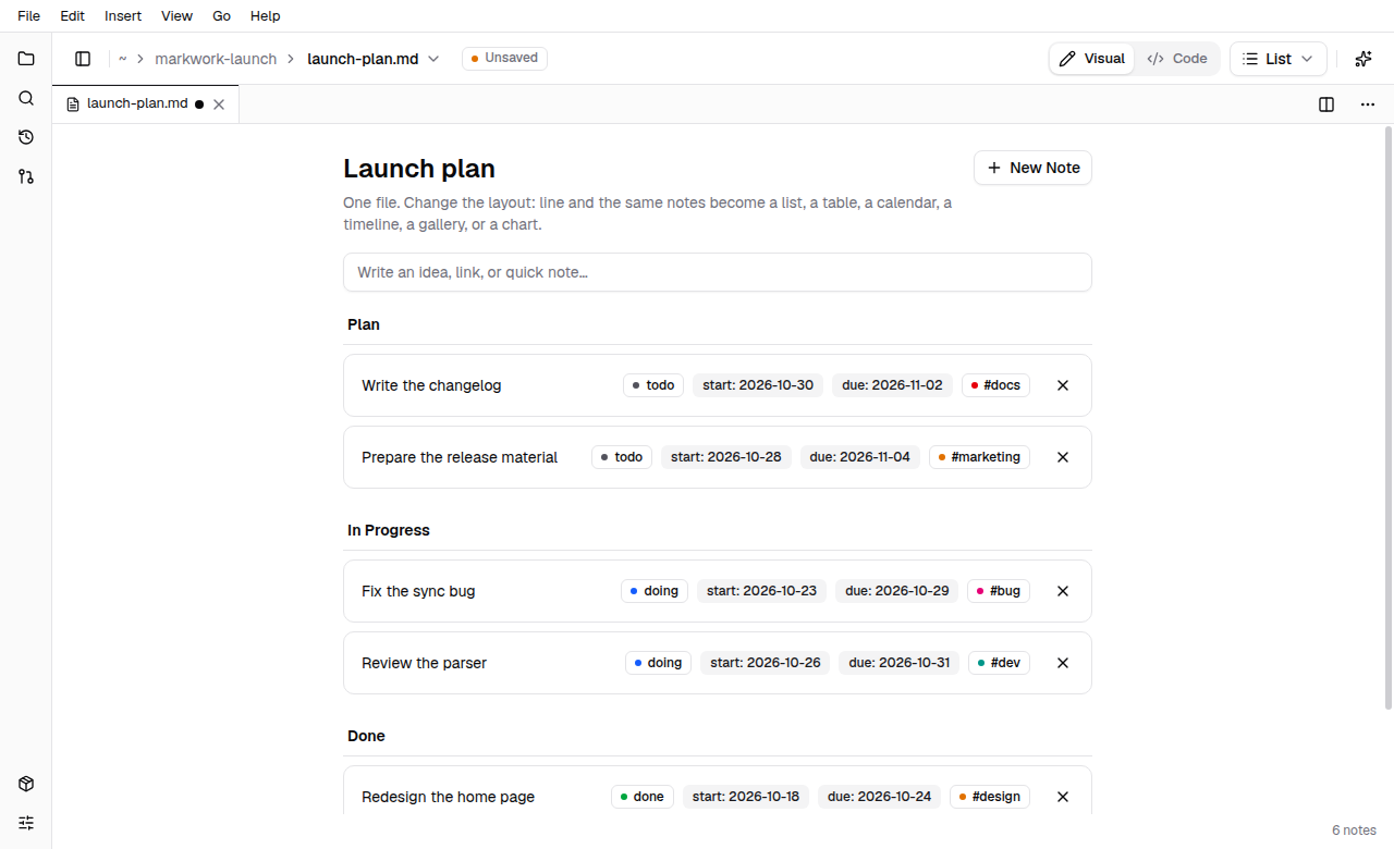 The same notes as an inbox list grouped in sections