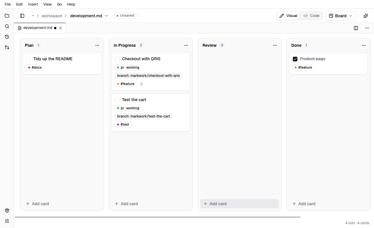 A kanban board with the card Checkout with QRIS showing pi working in In Progress and Test the cart showing pi queued in Plan