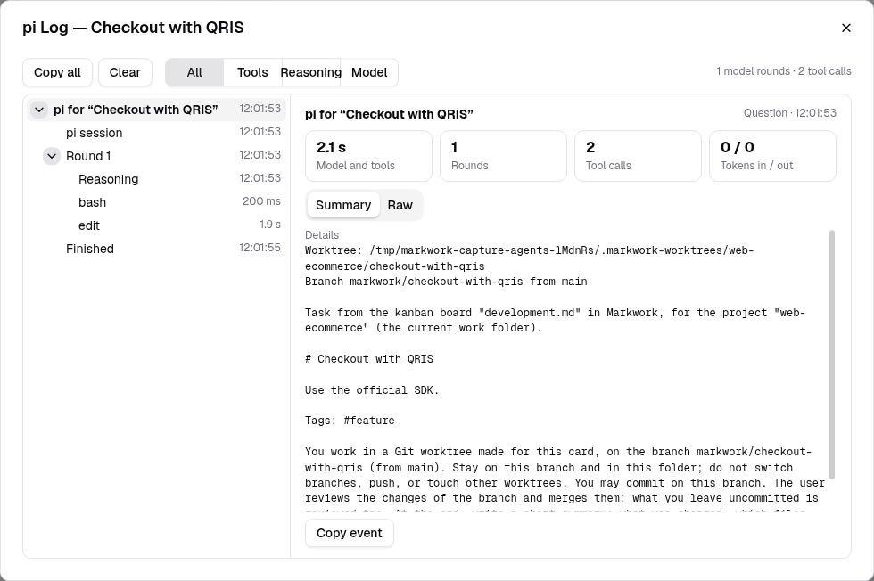 The pi Log window with the prompt sent to pi, the session, the model reasoning, the bash and edit tool calls, and the finished summary