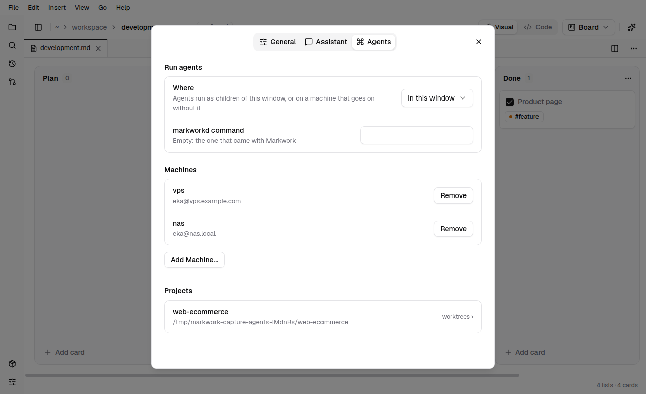 Preferences on the Agents page: where agents run, the machines vps and nas, and the project shop with a worktree per card