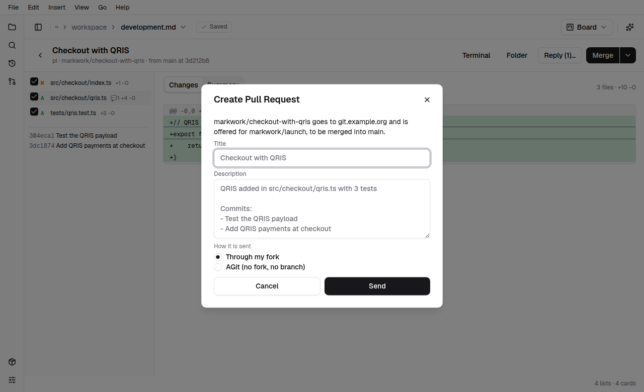 The Create Pull Request dialog over the review: where the branch is pushed, the title, the description, and how it is sent