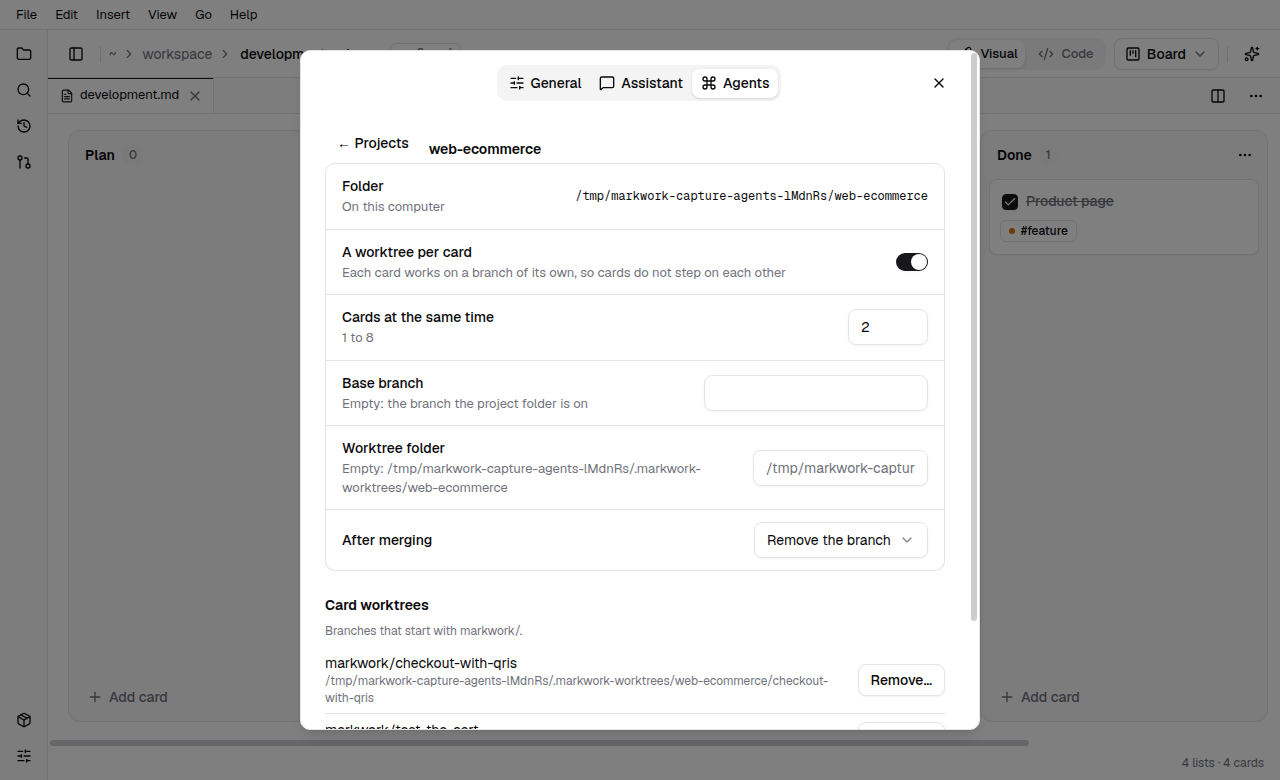 The page of one project in Preferences: the project folder, a switch for one worktree per card, how many cards at the same time, the base branch, the worktree folder, and the card worktrees that exist