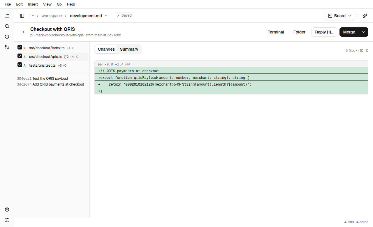 The review page of a card: the changed files and commits on the left, a diff in the middle, and the Reply with 1 Comment and Merge buttons