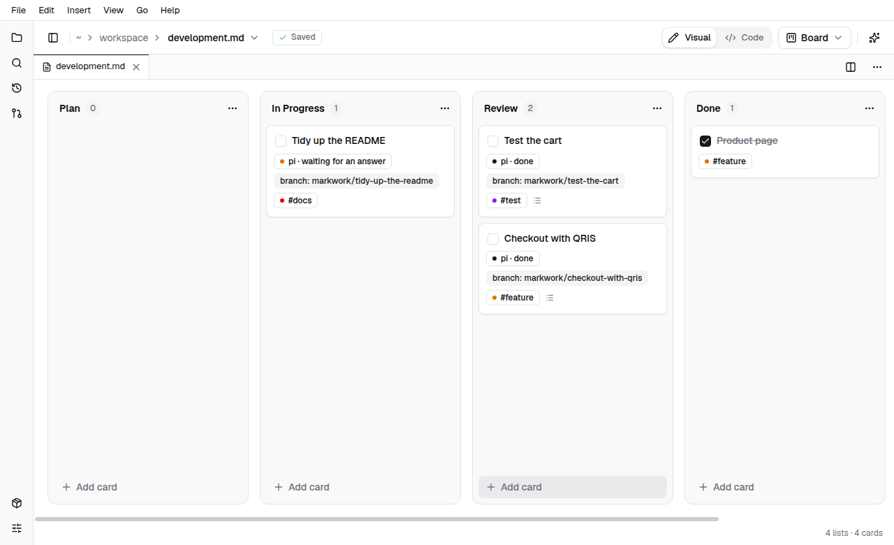 A kanban board: the card Tidy up the README shows pi waiting for an answer in In Progress, two other cards finished in Review