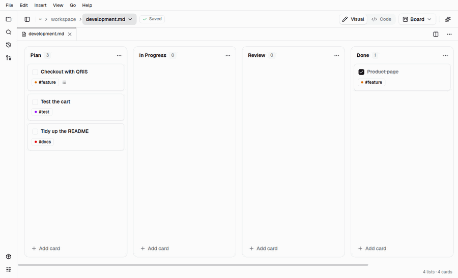 Animation of a kanban board: @pi cards are assigned, one works and one queues, both finish to Review, then a third card waits for an answer