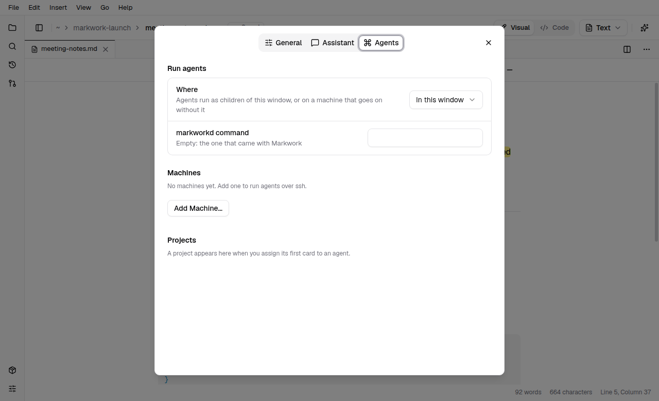 The Preferences dialog on the Agents page with where agents run, machines, and projects