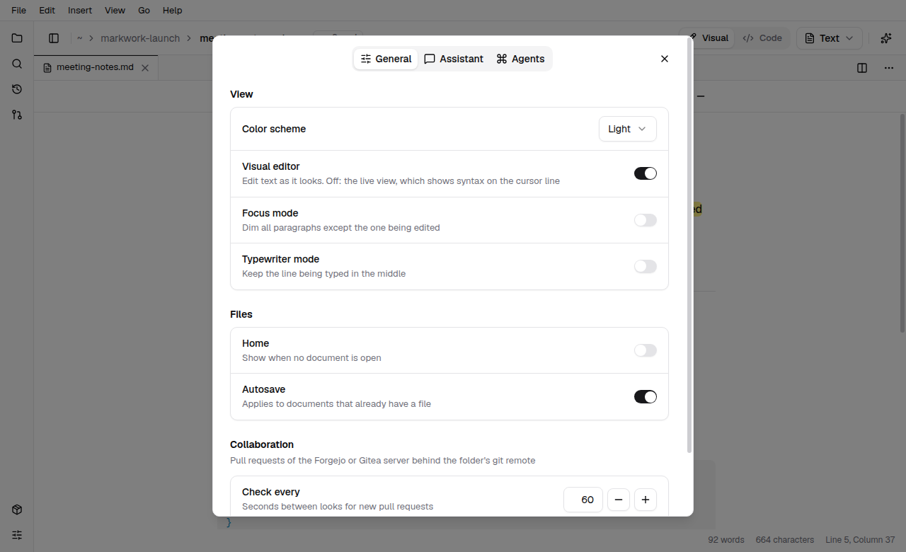 The Preferences dialog on the General page with the color scheme, focus mode, typewriter mode, Home, autosave, and collaboration settings