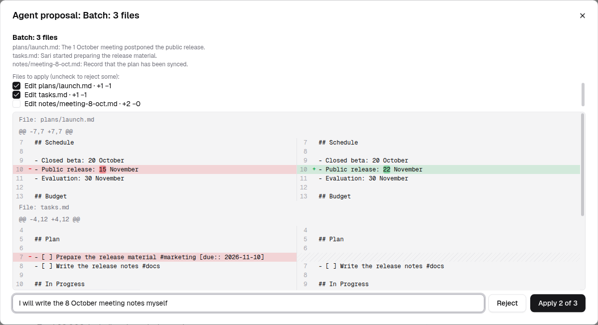 The review window of a three-file batch: one checkbox removed, a note for the agent filled in, the Apply 2 of 3 button