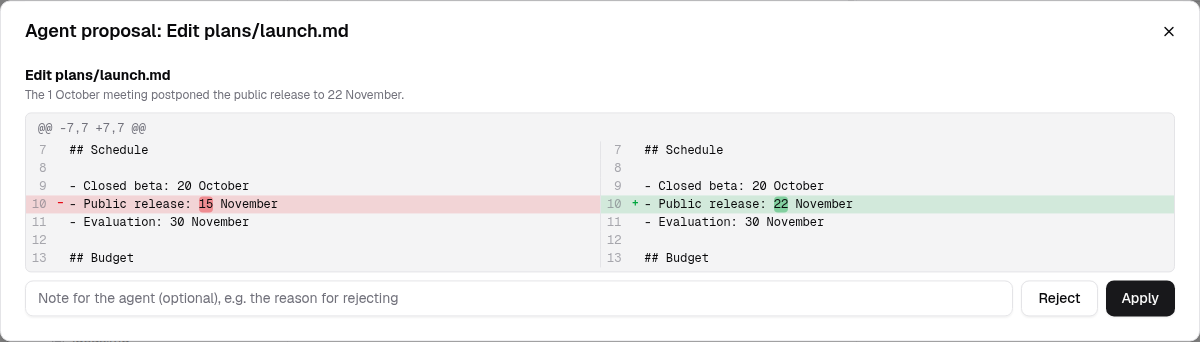 The review window of an agent proposal: a one-line diff of the release date with the Reject and Apply buttons