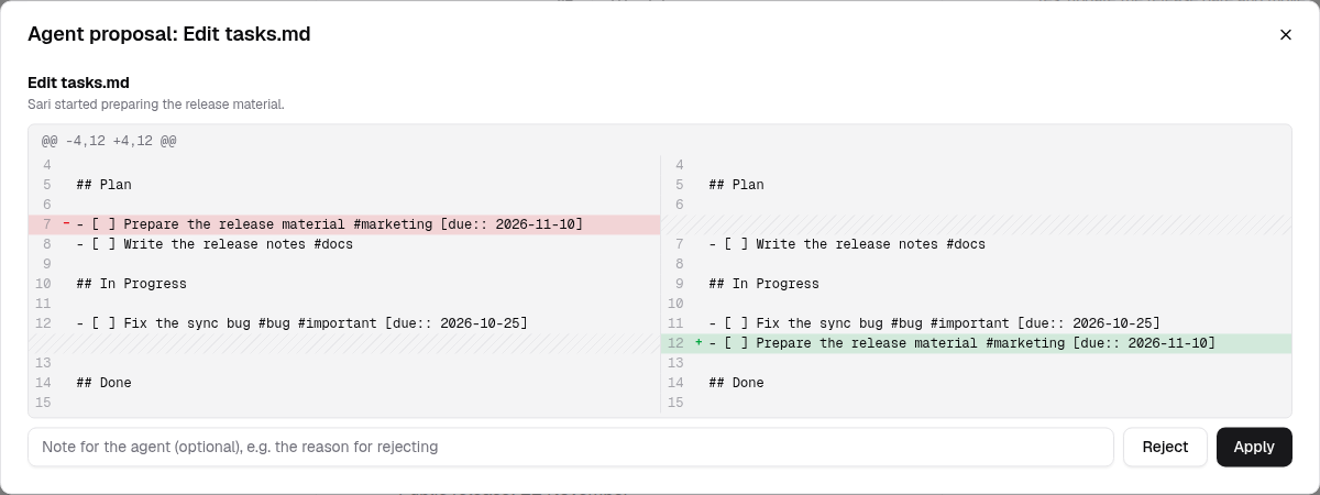 The review window of an agent proposal: a kanban card moves from the Plan list to In Progress
