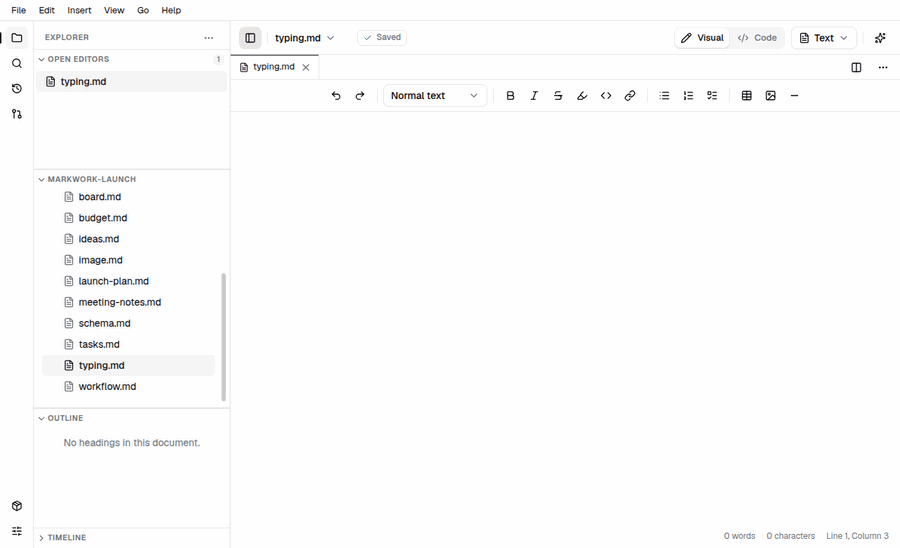 Animation of typing Markdown: a heading, bold and italic text, and a task list are shown formatted right away